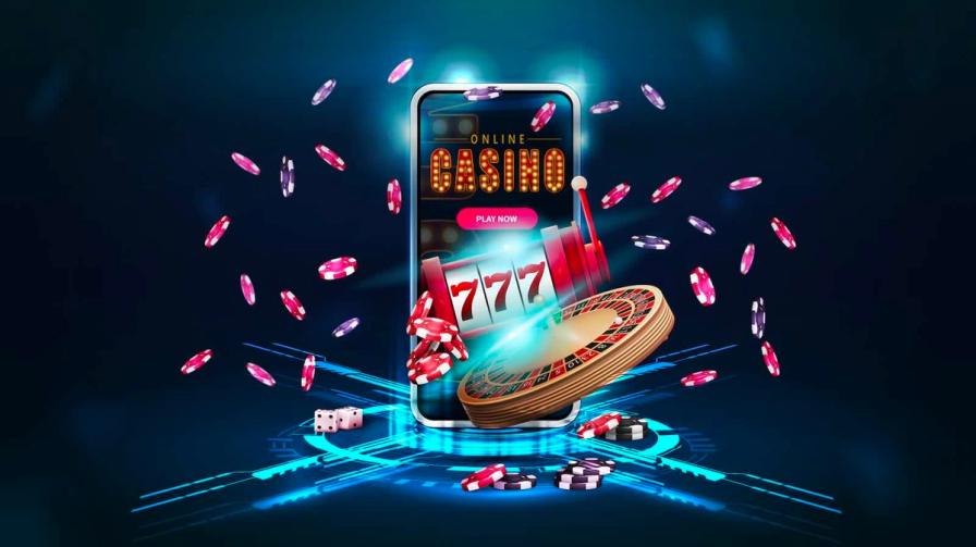 Smartphone displaying an online casino app with a slot machine showing 777, a roulette wheel, and