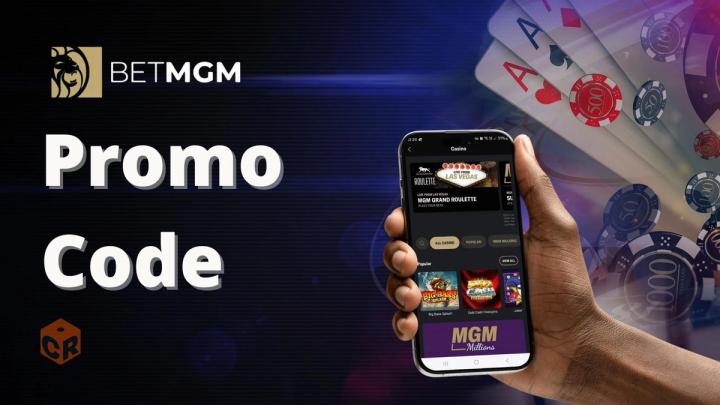 BetMGM Casino Promo Code graphic showing a hand holding a smartphone with the casino app