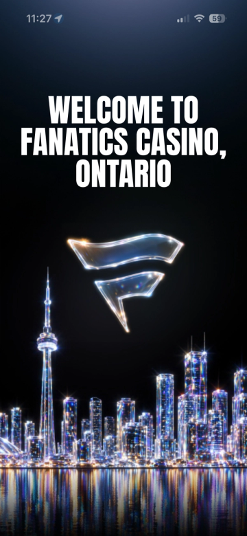 Text "Welcome to Fanatics Casino, Ontario" above a glowing crystal Fanatics logo and a sparkling Toronto skyline at night.