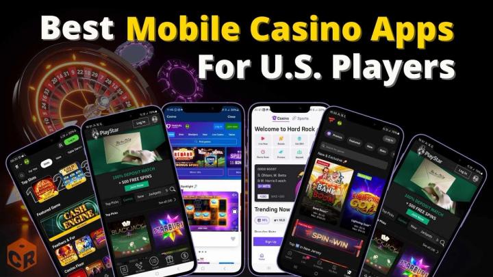Smartphones displaying online casino apps with text: Best Mobile Casino Apps For U.S. Players.