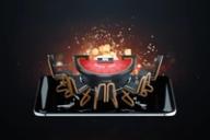 A 3D illustration of a blackjack table and chairs on a smartphone screen, representing online casino gaming.