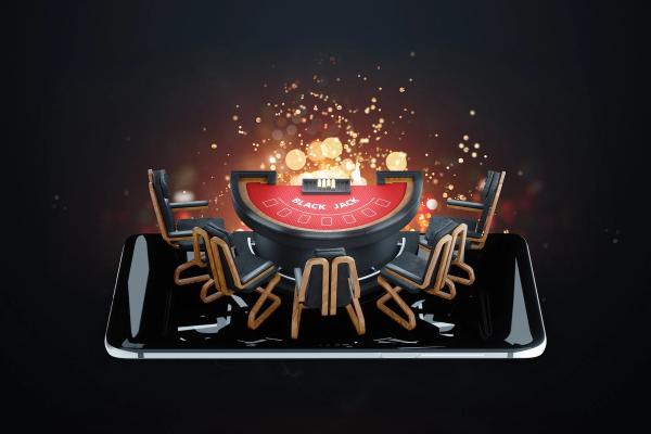 A 3D illustration of a blackjack table and chairs on a smartphone screen, representing online casino gaming.
