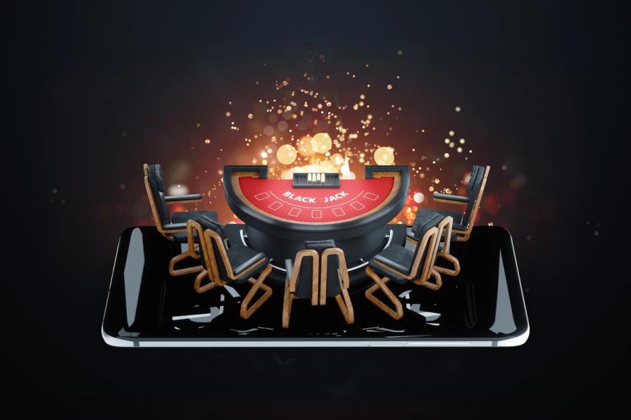 A 3D illustration of a blackjack table and chairs on a smartphone screen, representing online casino gaming.