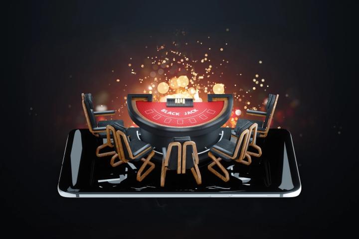 A 3D illustration of a blackjack table and chairs on a smartphone screen, representing online casino gaming.