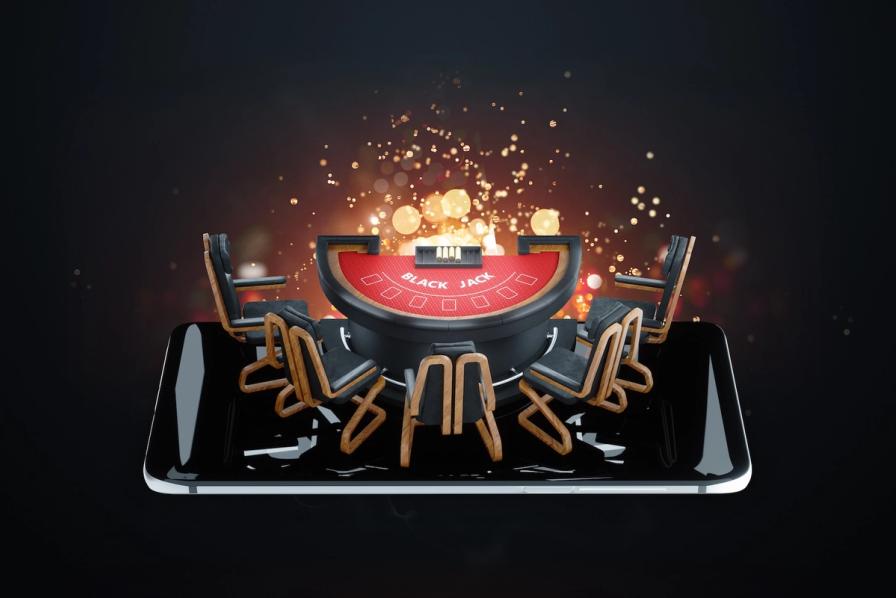 A 3D illustration of a blackjack table and chairs on a smartphone screen, representing online casino gaming.