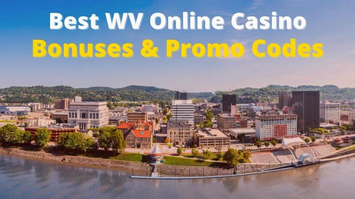 Aerial view of Charleston, WV skyline along a river with text reading Best WV Online Casino Bonuses & Promo Codes.
