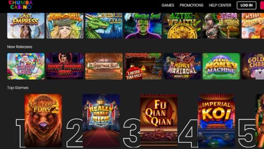 Screenshot of the Chumba Casino website showing rows of colorful online slot game tiles.