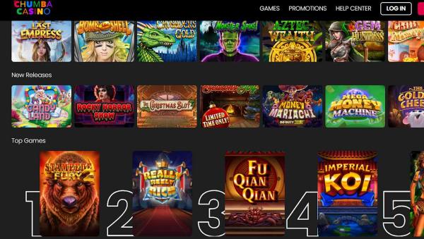 Screenshot of the Chumba Casino website showing rows of colorful online slot game tiles.