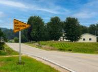 Yellow "No Passing Zone" road sign next to a rural road with trees and a house under a blue sky.