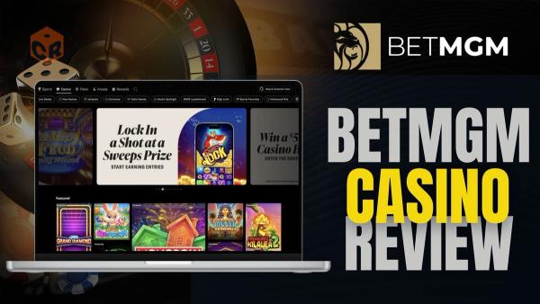 BetMGM casino review written beside a screenshot of the homepage on a desktop mockup.