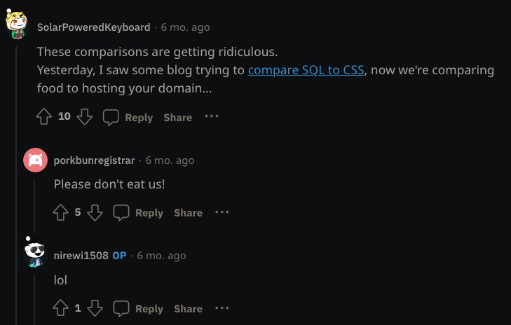 cloudflare와 porkbun 비교에 달려있는 웃긴 댓글