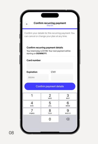 Mobile app screen showing a recurring payment confirmation form with fields for card number, expiration, and CVV, and a numeric keypad.
