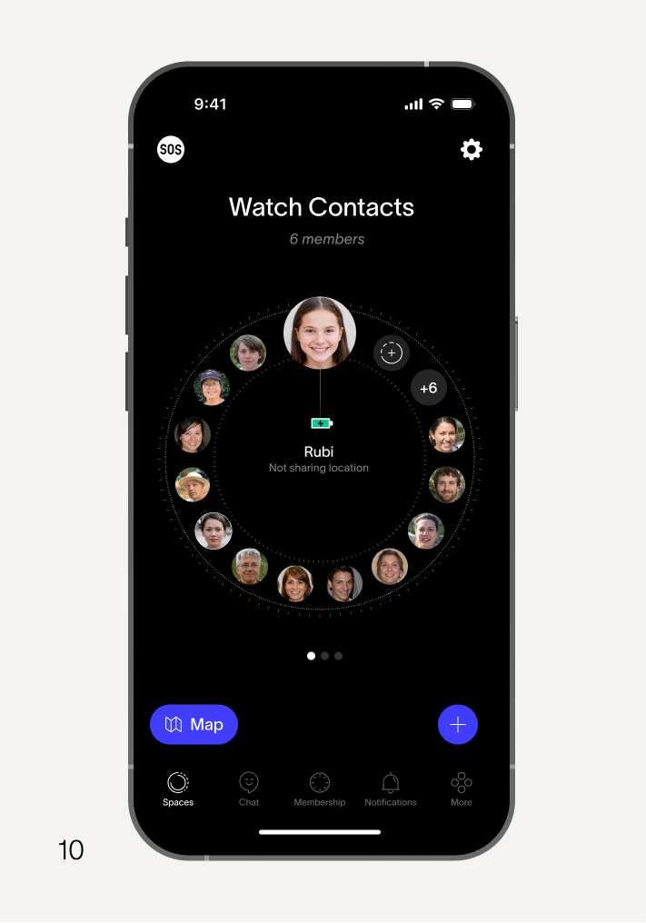 A smartphone screen showing a "Watch Contacts" app with a central contact "Rubi" surrounded by other contact photos in a circular layout.
