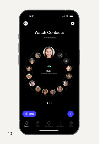 A smartphone screen showing a "Watch Contacts" app with a central contact "Rubi" surrounded by other contact photos in a circular layout.
