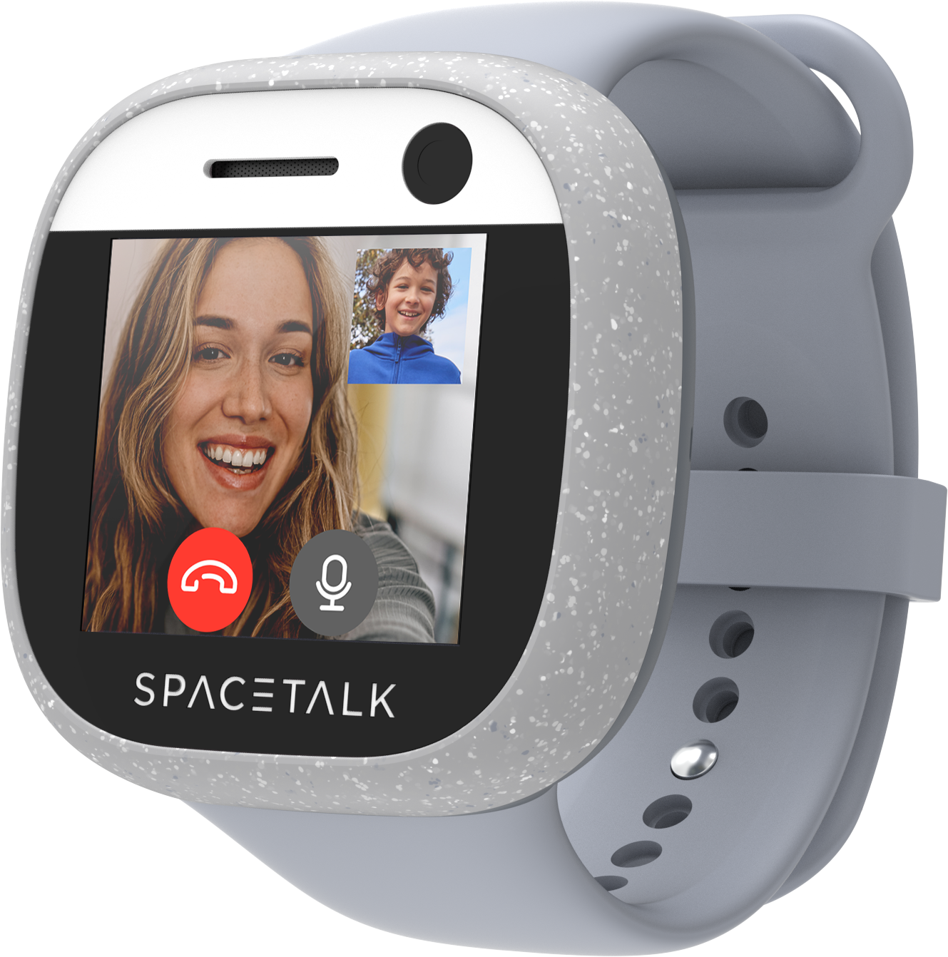 a spacetalk watch displays a video call with two people