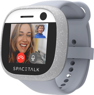 a spacetalk watch displays a video call with two people
