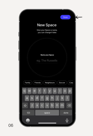 A smartphone screen showing a dark mode app to name a new space, with a text input field, a QWERTY keyboard, and a highlighted "Done" button.