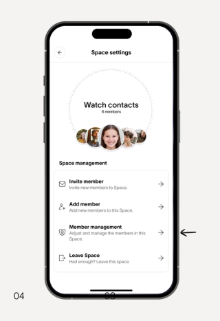A smartphone screen displaying 'Space settings' with 'Watch contacts', 6 members' profile photos, and 'Space management' options like invite, add, manage members, and leave space.