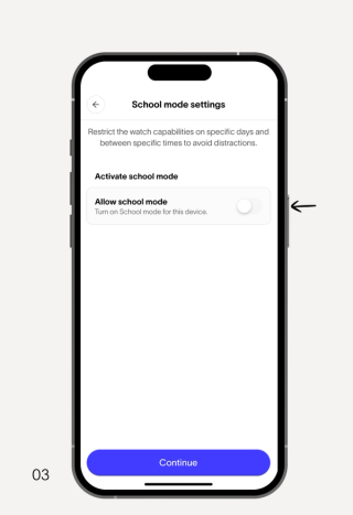 A smartphone screen showing "School mode settings" with the "Allow school mode" toggle off and a "Continue" button.