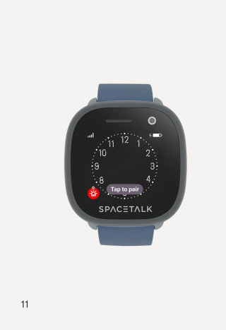A grey SPACETALK smartwatch with a blue band, displaying a "Tap to pair" button on its black screen.