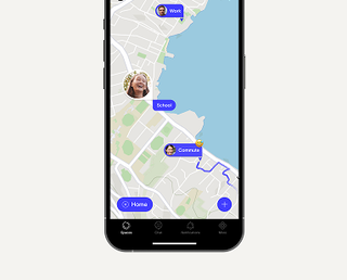 Smartphone showing a map app with user avatars at "Work," "School," and "Commute" locations, and a highlighted route.