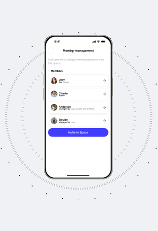 A smartphone displaying a "Member management" screen with a list of members and an "Invite to Space" button.