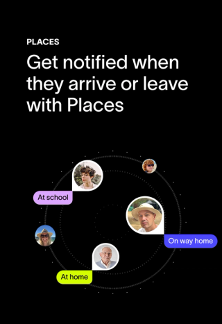 An app screen displaying the text "PLACES Get notified when they arrive or leave with Places" with a circular graphic of five people's profile pictures and their location statuses like "At school," "On way home," and "At home."