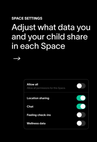 A screen displaying "SPACE SETTINGS" for adjusting data sharing permissions, with toggles for location, chat, feeling check-ins, and wellness data.