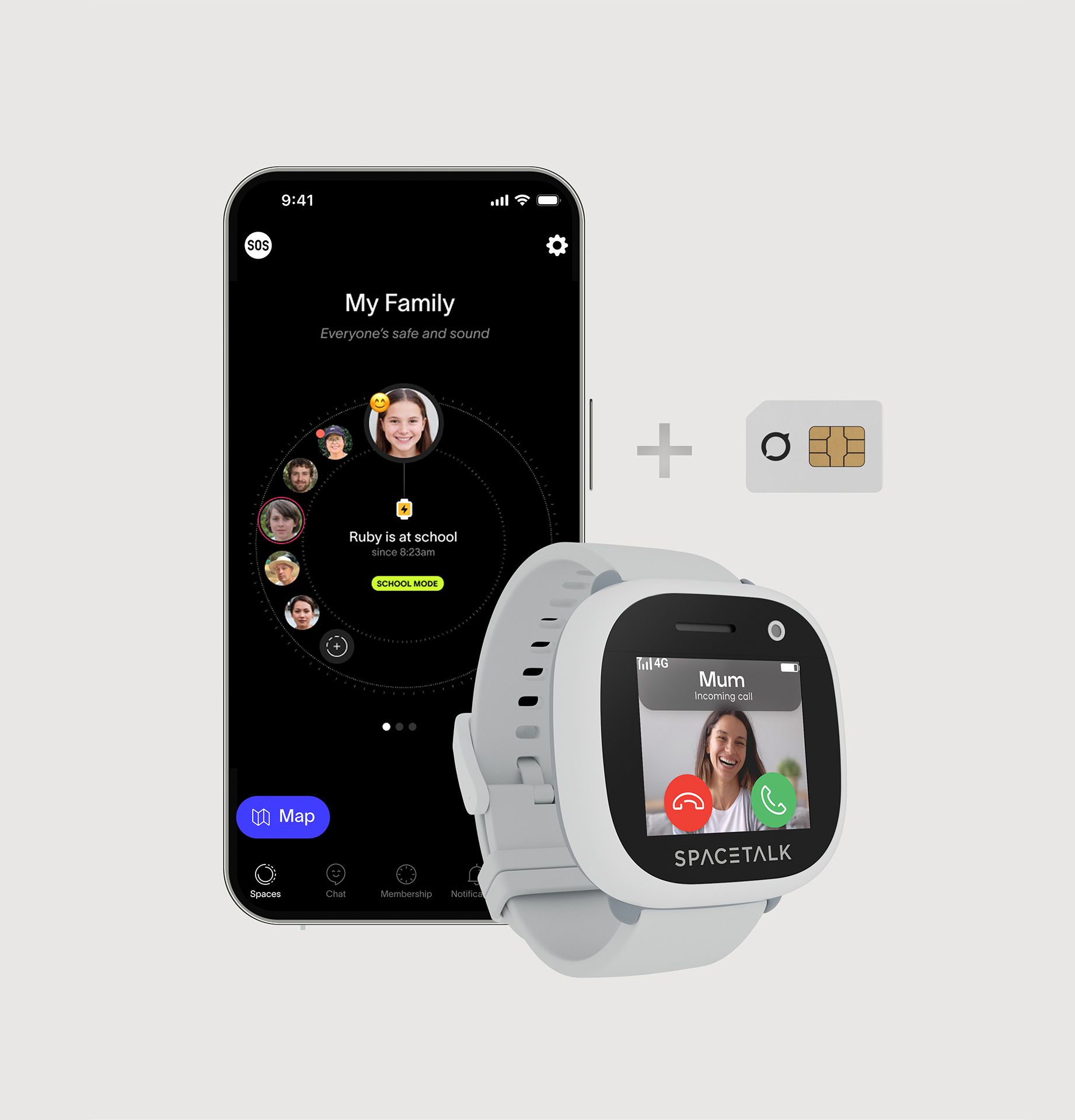 A smartphone displaying a family tracking app, a light gray Spacetalk kids' smartwatch, and a SIM card.