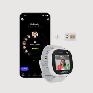 A smartphone displaying a family tracking app, a light gray Spacetalk kids' smartwatch, and a SIM card.