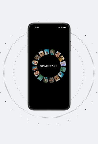 A black smartphone displays the SPACETALK app with its name encircled by various images, set against a light gray background with a faint radial dotted pattern.