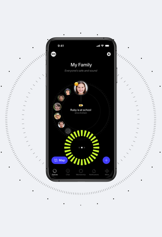 A smartphone displays a dark-themed "My Family" app showing a girl named Ruby at school, surrounded by other family members, with an animated green circle.