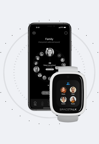 A black smartphone showing a family tracking app and a white Spacetalk smartwatch displaying a contact list, set against a grey background.