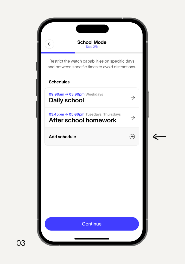 A smartphone screen showing "School Mode" settings to restrict watch capabilities, with schedules for "Daily school" and "After school homework."