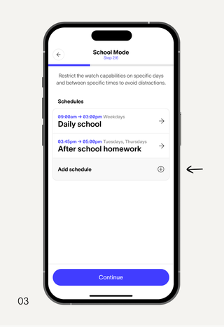 A smartphone screen showing "School Mode" settings to restrict watch capabilities, with schedules for "Daily school" and "After school homework."
