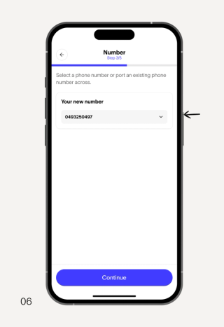 Smartphone showing an app's "Number" screen (Step 3/5) with the selected phone number 0493250497 and a "Continue" button.