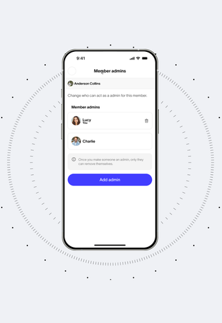A smartphone screen shows a "Member admins" interface with a list of names and an "Add admin" button.