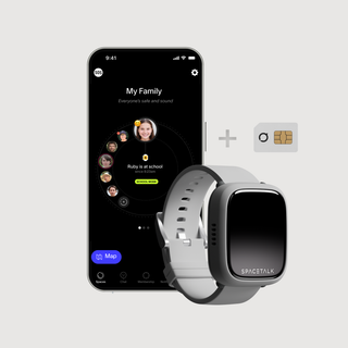 A smartphone displaying a family safety app, a Spacetalk smartwatch, and a SIM card.