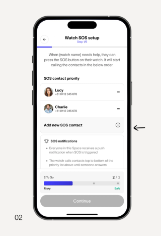 A smartphone displays a "Watch SOS setup" screen showing an SOS contact list, notification settings, and a progress bar with a "Continue" button.