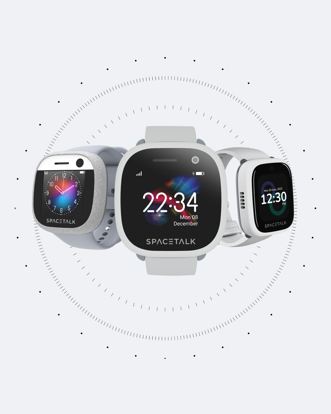Three white and grey SPACETALK smartwatches displayed against an abstract clock-face background.