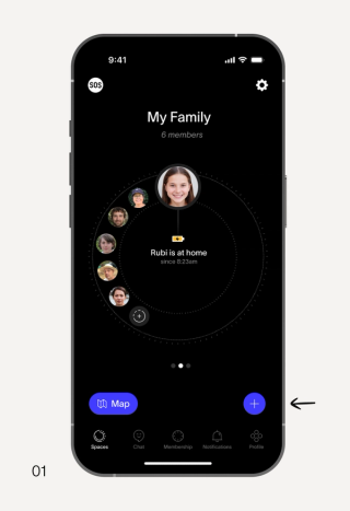 Smartphone showing a 'My Family' app with 6 member profiles, Rubi listed as 'at home', and a highlighted blue plus button.