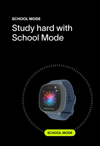 Spacetalk smartwatch with a blue band and colorful clock face on a black background, with text "SCHOOL MODE Study hard with School Mode" and "SCHOOL MODE" on a yellow button.
