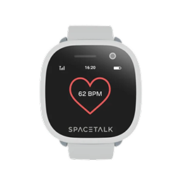 a spacetalk watch displays a heart rate of 62 bpm