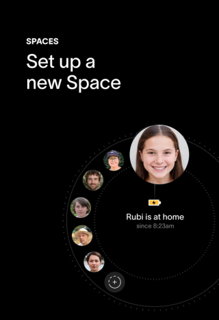 A dark screen showing "SPACES Set up a new Space" text with a circular display of profile pictures, highlighting "Rubi is at home" with a battery icon.