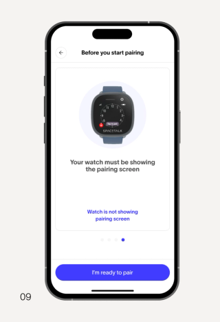 A smartphone screen displays Spacetalk smartwatch pairing instructions, showing an image of the watch with "Tap to pair" and an "I'm ready to pair" button.