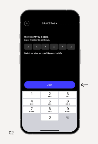 SPACETALK app screen on a smartphone showing a 5-digit code entry with a numeric keyboard and a 'Join' button.