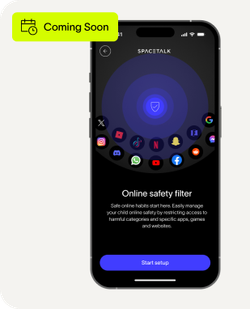 A smartphone displaying the Spacetalk app's 'Online safety filter' screen with a central shield icon surrounded by various app icons. A 'Coming Soon' banner is in the top-left.