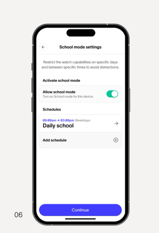 Smartphone screen displaying "School mode settings" with "Allow school mode" enabled and a "Daily school" schedule from 9 AM to 3 PM on weekdays.
