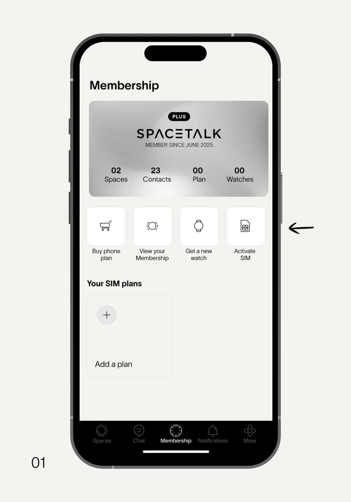 A smartphone UI displaying a SPACETALK "Membership" screen with account details, service management options, and SIM plan information.