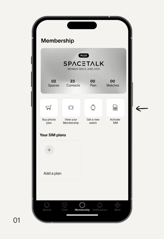A smartphone UI displaying a SPACETALK "Membership" screen with account details, service management options, and SIM plan information.